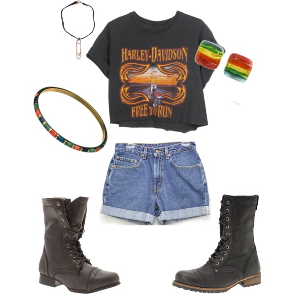 outfit set: a black 'Harley Davidson' crop top, high-waisted jean shorts, brown leaher boots, a choker with a gold safety pin, a rainbow enameled bangle, and square rainbow-striped glass stud earrings